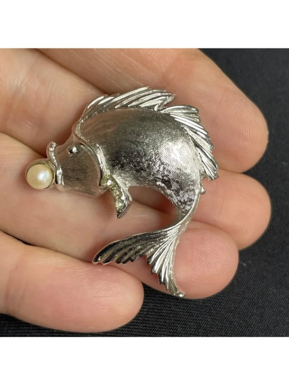 Vintage Signed Kramer Silver-Tone Fish Brooch Rare Pin